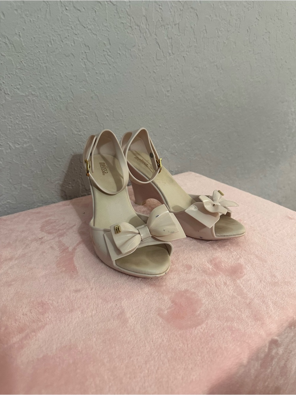 Melissa Cream Bow Peep-Toe Block Heel Sandals